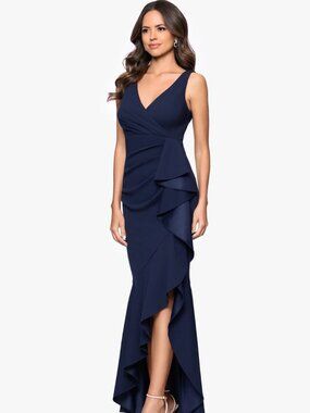 Betsy & Adam Petite Ruffled High-Low Mermaid Gown Navy Size 12P